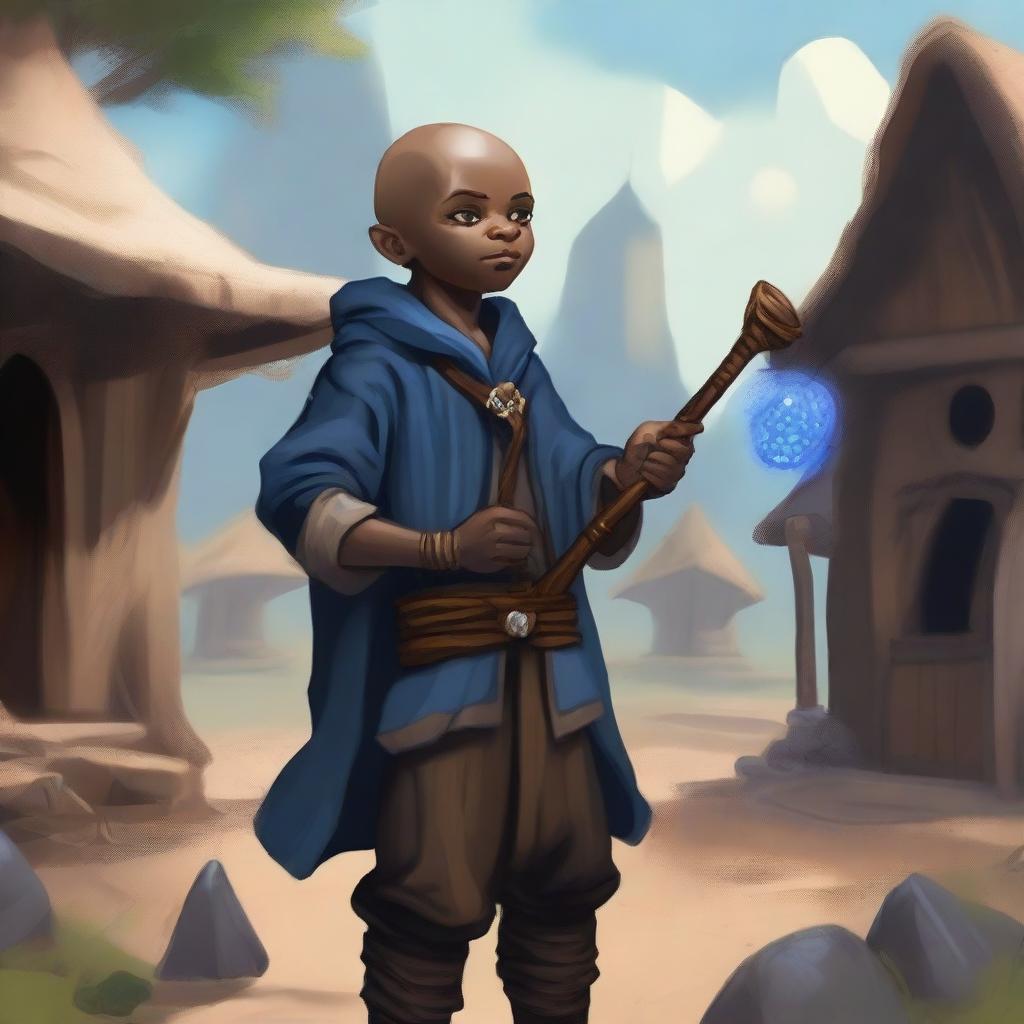 A male bald brown-skinned halfling warlock in a peasant settlement