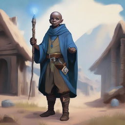 A male bald brown-skinned halfling warlock in a peasant settlement