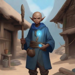 A male bald brown-skinned halfling warlock in a peasant settlement