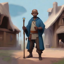 A male bald brown-skinned halfling warlock in a peasant settlement