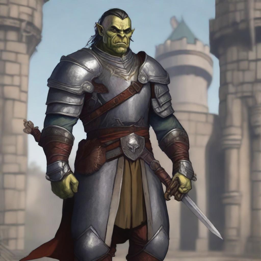 A detailed illustration of a half-orc noble fighter