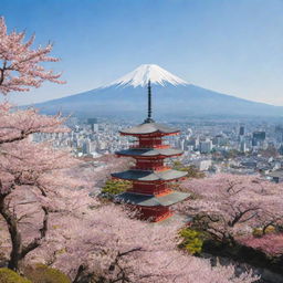 A panoramic view of a vibrant cityscape in Japan with traditional temples juxtaposed with modern skyscrapers, cherry blossom trees in full bloom, and Mount Fuji in the background.