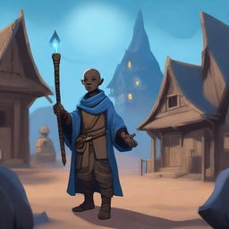 A male bald brown-skinned adult halfling warlock in a peasant settlement, holding a staff with an onyx, casting blue magic