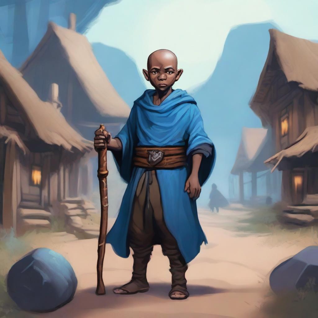 A male bald brown-skinned adult halfling warlock in a peasant settlement, holding a staff with an onyx, casting blue magic