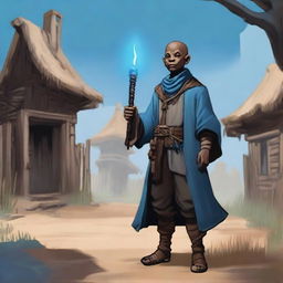 A male bald brown-skinned adult halfling warlock in a peasant settlement, holding a staff with an onyx, casting blue magic