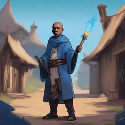 A male bald brown-skinned adult halfling warlock in a peasant settlement, holding a staff with an onyx, casting blue magic