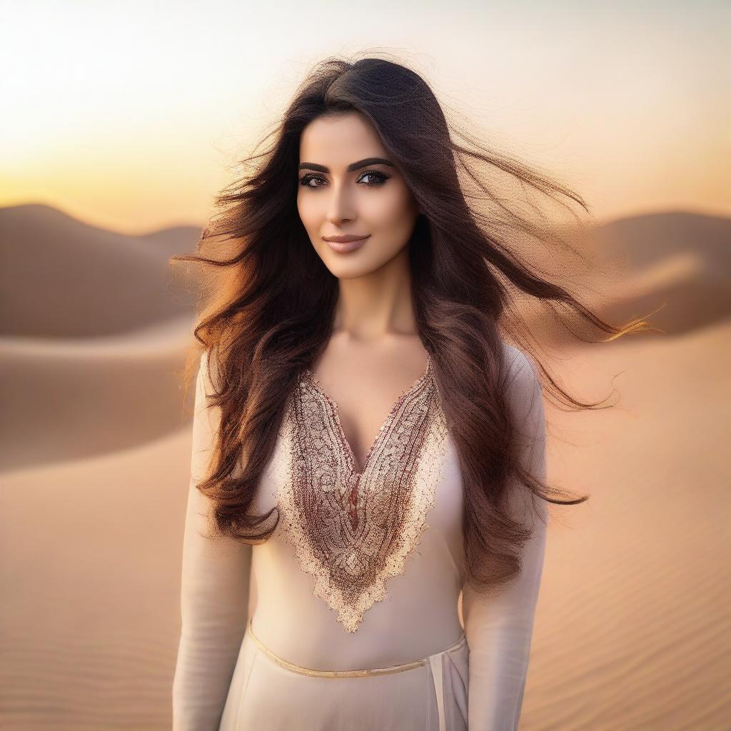 A slender, busty Middle Eastern woman with long flowing hair, wearing a traditional yet modern outfit