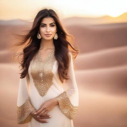 A slender, busty Middle Eastern woman with long flowing hair, wearing a traditional yet modern outfit