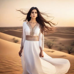 A slender, busty Middle Eastern woman with long flowing hair, wearing a traditional yet modern outfit