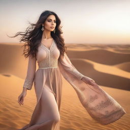 A slender, busty Middle Eastern woman with long flowing hair, wearing a traditional yet modern outfit