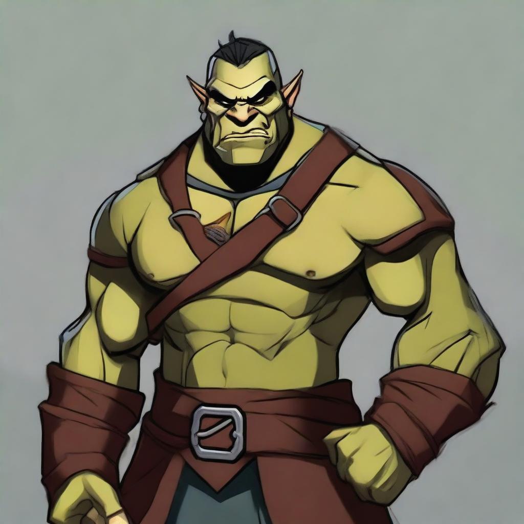 Create an image of a laid-back half-orc noble character in a cartoon style