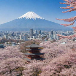 A panoramic view of a vibrant cityscape in Japan with traditional temples juxtaposed with modern skyscrapers, cherry blossom trees in full bloom, and Mount Fuji in the background.