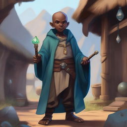 A male bald brown-skinned adult halfling warlock in a peasant settlement