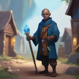 A male bald brown-skinned adult halfling warlock in a peasant settlement