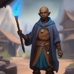 A male bald brown-skinned adult halfling warlock in a peasant settlement