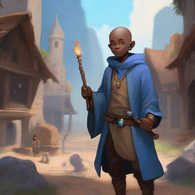 A male bald brown-skinned adult halfling warlock in a peasant settlement