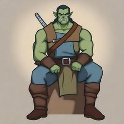 A blue-green cartoon depiction of a laid-back half-orc noble fighter