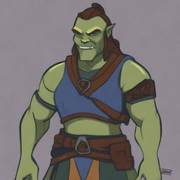 A blue-green cartoon depiction of a laid-back half-orc noble fighter