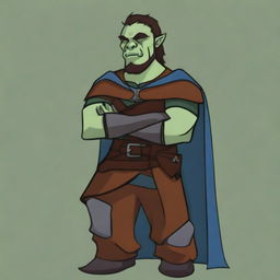 A blue-green cartoon depiction of a laid-back half-orc noble fighter