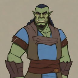 A blue-green cartoon depiction of a laid-back half-orc noble fighter