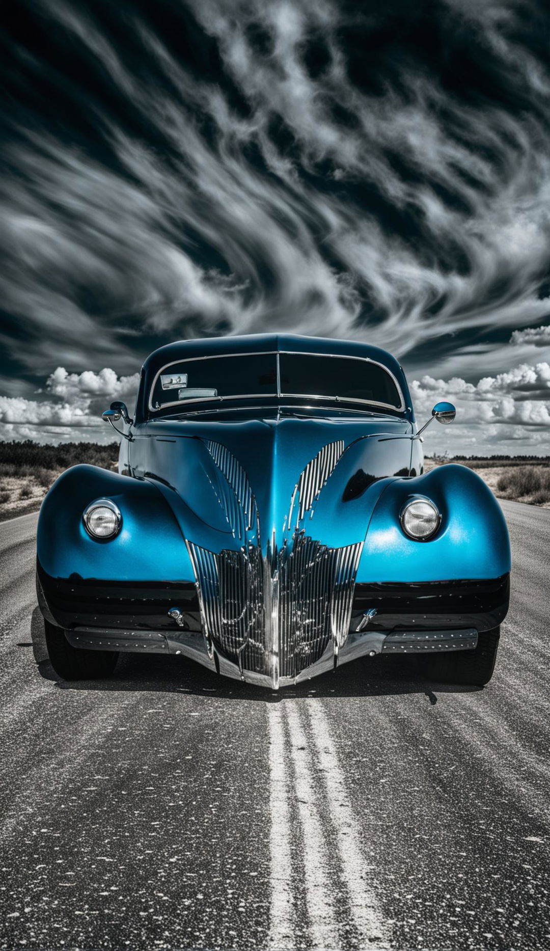 Front-on side view of a blue 1940 Ford coupe hot rod with an image of the Grim Reaper standing behind it on an endless road.