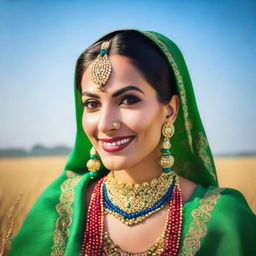 A beautiful Punjabi woman dressed in traditional attire, adorned with intricate jewelry and a vibrant headscarf