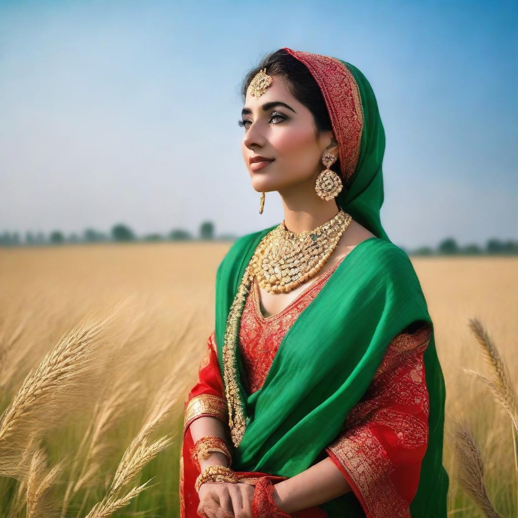 A beautiful Punjabi woman dressed in traditional attire, adorned with intricate jewelry and a vibrant headscarf