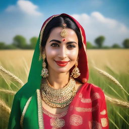 A beautiful Punjabi woman dressed in traditional attire, adorned with intricate jewelry and a vibrant headscarf