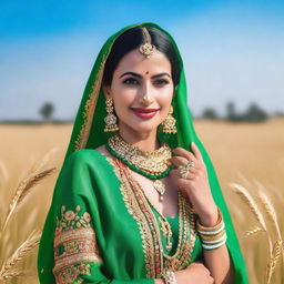 A beautiful Punjabi woman dressed in traditional attire, adorned with intricate jewelry and a vibrant headscarf