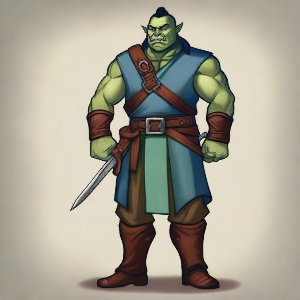 Create a blue-green cartoon depiction of a laid-back half-orc noble fighter