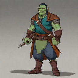 Create a blue-green cartoon depiction of a laid-back half-orc noble fighter