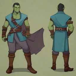 Create a blue-green cartoon depiction of a laid-back half-orc noble fighter