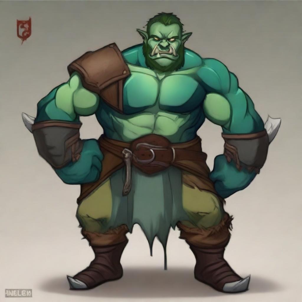 Create an image of a cartoon half-orc noble fighter with blue-green skin and tusks