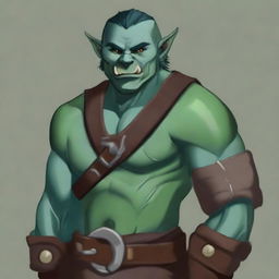 Create an image of a cartoon half-orc noble fighter with blue-green skin and tusks