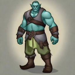 Create an image of a cartoon half-orc noble fighter with blue-green skin and tusks