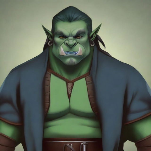 Create an image of a cartoon half-orc noble fighter with blue-green skin and tusks