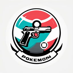 Logo with text 'Pokemon with Guns', Pokeball replacing 'O' in 'Pokemon', handgun-shaped 'G' in 'Guns', vibrant Pokemon colors contrasted with grays and blacks on a white background.