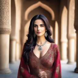 A slim Middle Eastern woman with a busty chest and no makeup