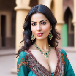 A natural, slim Middle Eastern woman with a busty chest, wearing feminine clothes