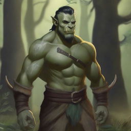 A slim half-orc character standing confidently