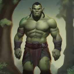 A slim half-orc character standing confidently