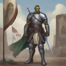 A slim and noble half-orc fighter standing tall with a determined expression