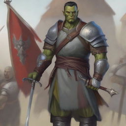 A slim and noble half-orc fighter standing tall with a determined expression