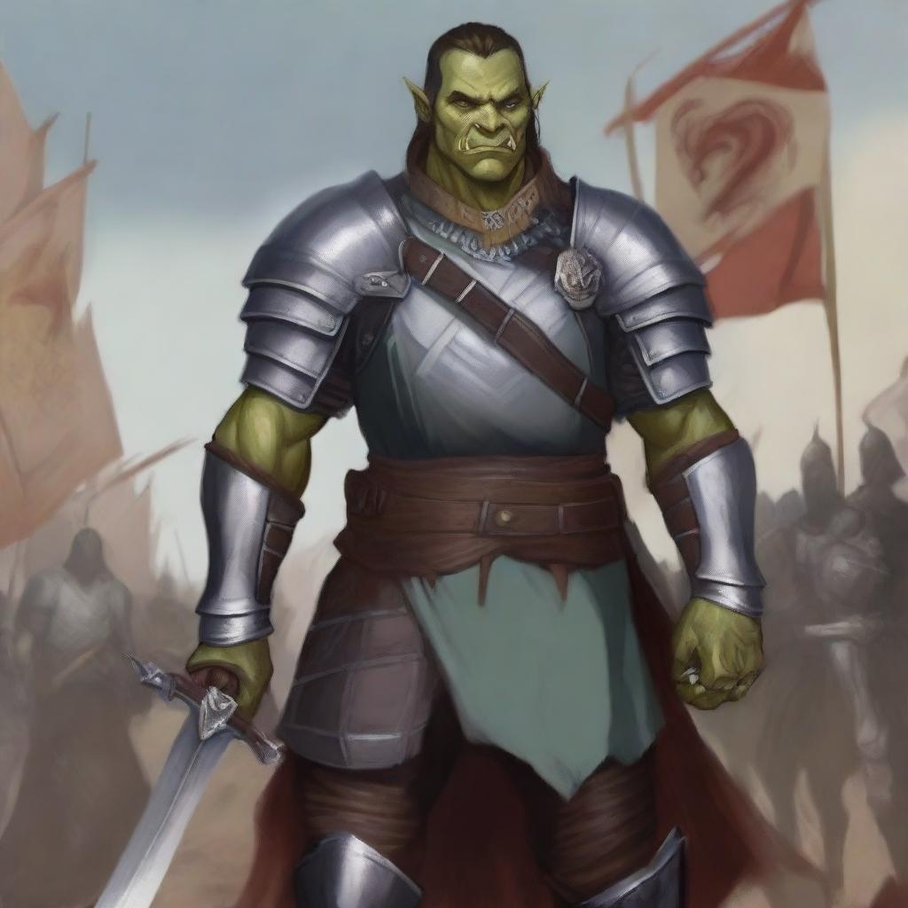 A slim and noble half-orc fighter standing tall with a determined expression