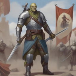 A slim and noble half-orc fighter standing tall with a determined expression