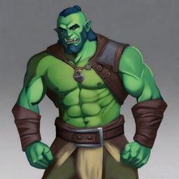 Create an image of a laid-back half-orc noble fighter with blue-green skin