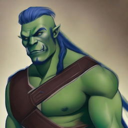 Create an image of a laid-back half-orc noble fighter with blue-green skin