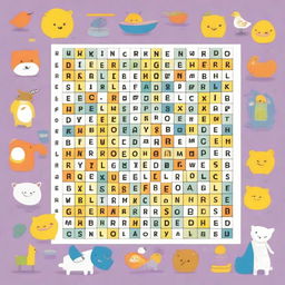 Create an image of a word search puzzle with a variety of words hidden in a grid of letters