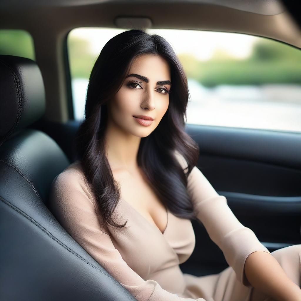 A natural, slim Middle Eastern woman with big breasts, feminine features, and long dark hair sitting in a car