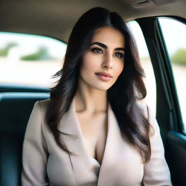 A natural, slim Middle Eastern woman with big breasts, feminine features, and long dark hair sitting in a car